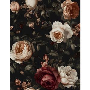 Dark Vintage Floral Wallpaper Peel and Stick, Black/White/Red Retro Rose Flowers Contact Paper, 17.5" x 118" Wall Paper Self Adhesive Waterproof Removable for Room Shelves Cabinet Drawer Table Decor
