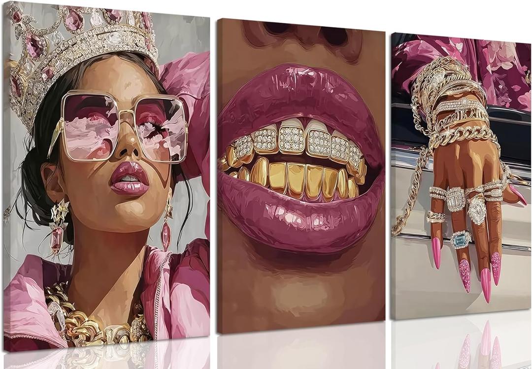 Framed Pink Black Girl Wall Art Set of 3 Luxury Bling African American Woman Canvas Prints with Crown Grillz Jewelry Fashion Hip Hop Glam Room Decor for Girls Bedroom Living Room Bathroom 12x16in