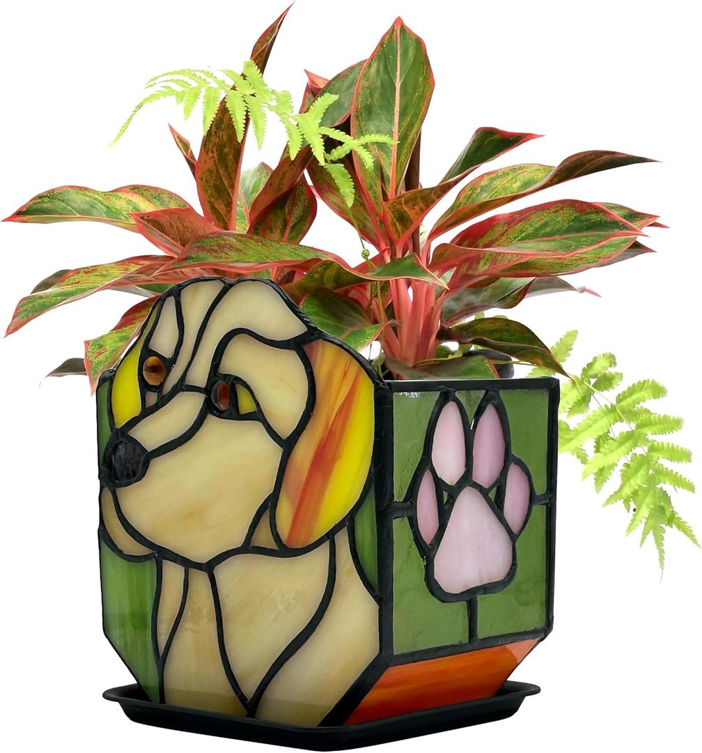 Handcrafted Stained Glass Dog Planter, Indoor Planters with Drainage and Tray, Small Pots for Succulents, Dog Memorial Gifts 4.6x3x5.15 in