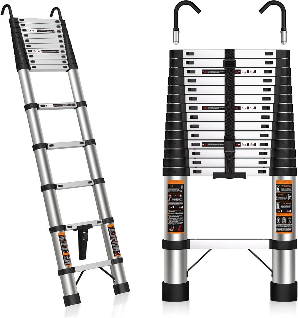 Telescoping Ladder 14.5 FT with 2 Detachable Hooks, 330 lbs Max Capacity