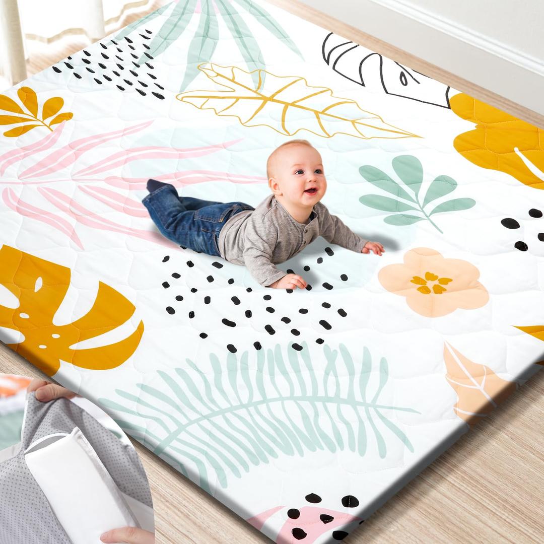 Premium Foam Baby Play Mat 59x59  Removable & Machine Washable Cover, Extra Thick Padding Playpen Mat, Non-Slip Crawling Mat, Easy to Clean for Infants, Toddlers & Babies (Boho Botanica)