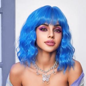 LOSMOEER Blue Wig with Bangs Short Wavy Wigs for Women Shoulder Length Curly Bob Wigs Heat Resistant Synthetic Wigs for Halloween Cosplay Daily Party Use