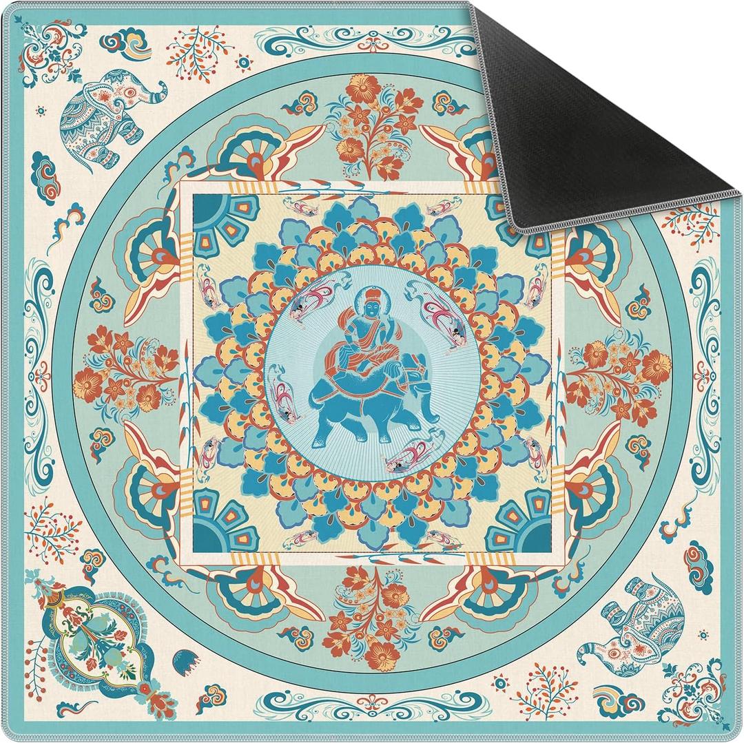 Blue Chinoiserie Mahjong Mat 31.5" x 31.5", Vintage Blue Oriental Non-Slip Noise Reduction Mahjong Table Cover Accessories and Supplies for Dominoes Poker Card Board and Tile Games Gifts