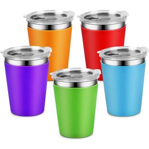 Yummy Sam 5 Pack Kids Cups with Lids 12oz Stainless Steel Water Drinking Bottle with Non-Slip Heat Insulation Full Sleeves for Children Adult School Outdoor Home Use (Multicolor without Straw)