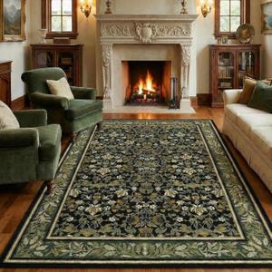 GarveeHome 5x7 Washable Area Rugs for Living Room, Boho Vintage Rug Non Slip Low Pile Stain Resistance Indoor Soft Large Throw Carpet for Bedroom Dining Room Office Green Black
