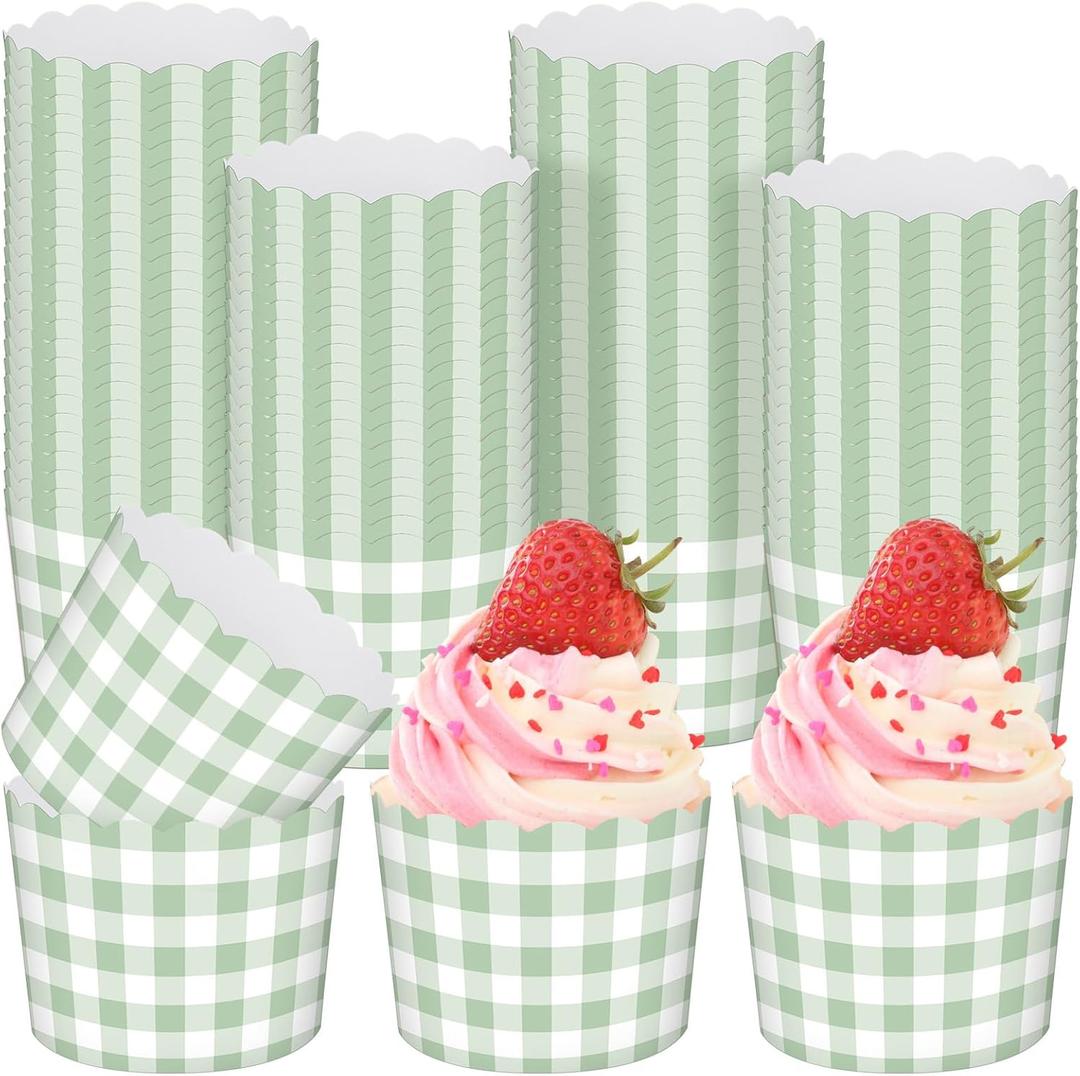 Vesici 150 Pcs Sage Green Gingham Party Supplies Ice Cream Cups Scalloped Gingham Cupcake Cups Paper Cupcake Wrappers Muffin Cases for Birthday Wedding Bridal Shower Tea Party Supplies