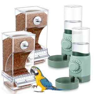 Jingmore 4 Pcs No Mess Small Bird Feeder Parakeet Water Dispenser Set Automatic Clear Parakeet Feeder Acrylic Watered Cage Accessories for Canary Budgie Lovebirds Finches(Green)