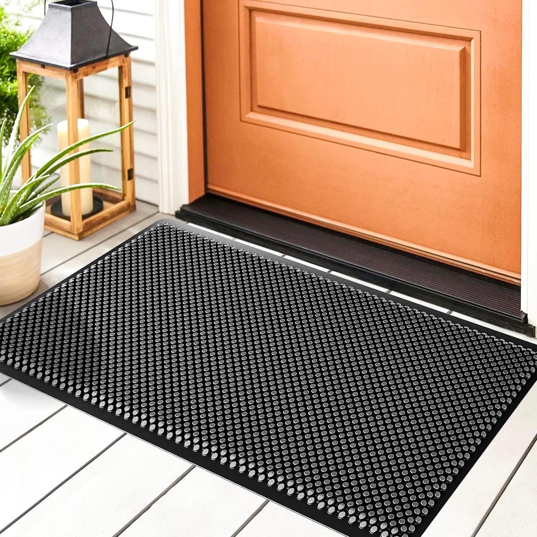 Fowooyeen Outdoor Door Mat, 30'' x 17'' Silicone Scraper, Non-Slip Washable Weatherproof Entrance Mat, Low-Profile Shoe Cleaner for Indoor or Outdoor Use, Black