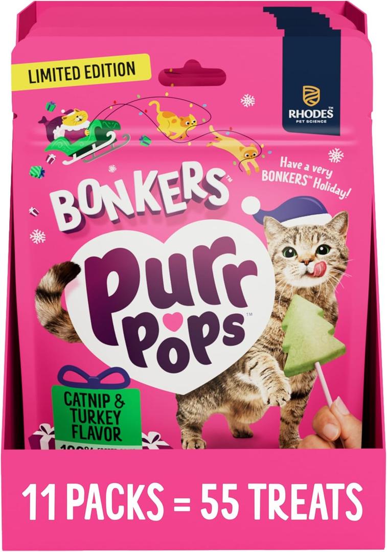 Bonkers Purrpops Christmas Themed Freeze Dried Chicken Flavor Lollipop Cat Treats for All Breeds and Ages, Value Pack (11 Pack, 55 Pieces)(Exp: January 2, 2027)
