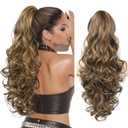LONAI Ponytail Extension for Women, 26 Inch Claw Clip Ponytail Extensions Wavy Curly Pony Tail Clip in Hair Natural Looking Synthetic Hairpiece for Daily Wear Chocolate Brown with Medium Blonde