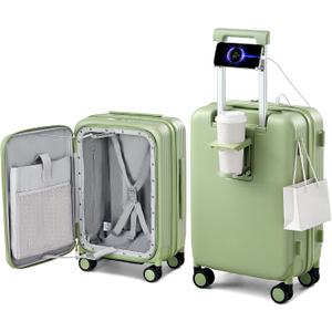 Hanke 20 Inch Expandable Carry On Luggage Airline Approved Top Opening Travel Luggage Rolling Suitcase with Cup Holder Hard Shell Suitcases with Wheels (Bamboo Green)