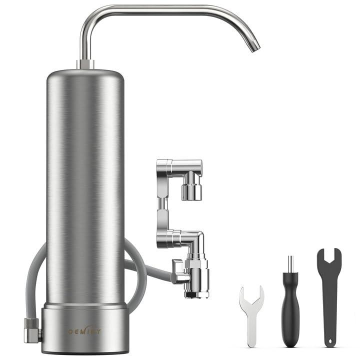 Countertop Water Filter, Stainless Steel 8000 Gallons Rotating Faucet Water Filtration System, Reduces 99.99% Chlorine, Lead, Heavy Metals, Bad Odor, OM-CF05 Included 1 Filter