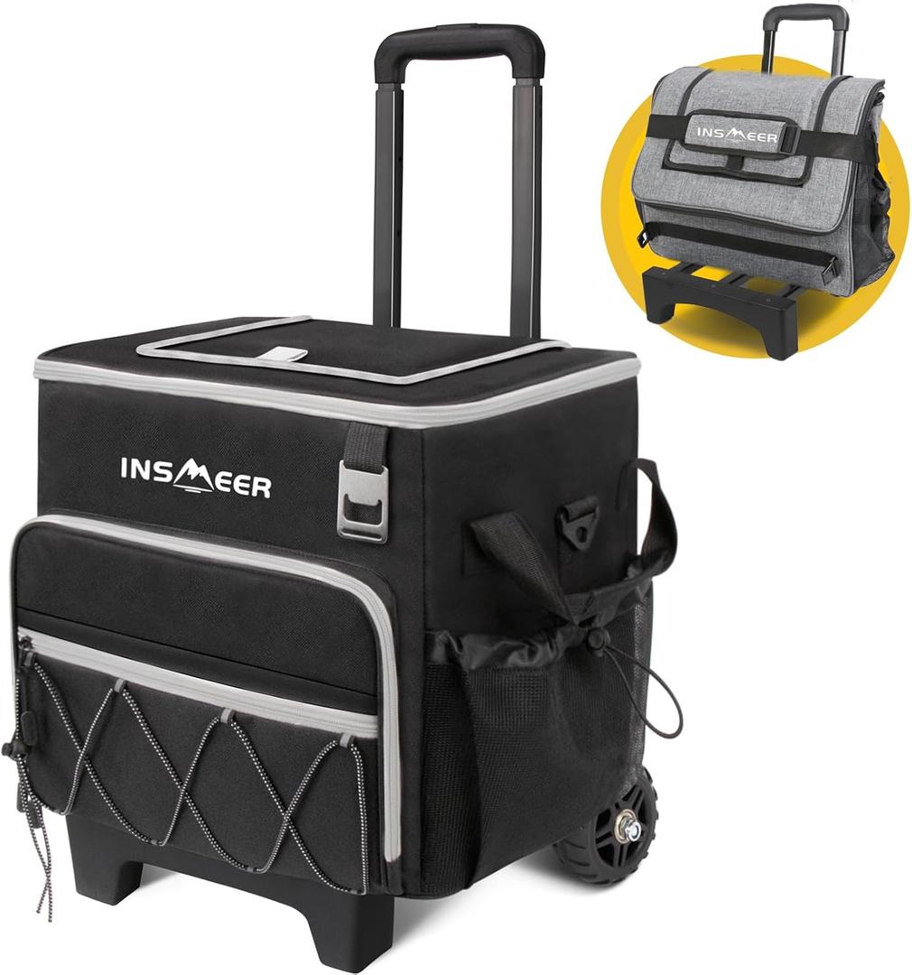 INSMEER Cooler with Wheels - 40L/60Cans Soft Cooler Bag, Insulated, Collapsible, Leakproof - Ideal for Beach, Camping, Travel, Picnic, Grocery Shopping & More Outdoor Adventures, Black