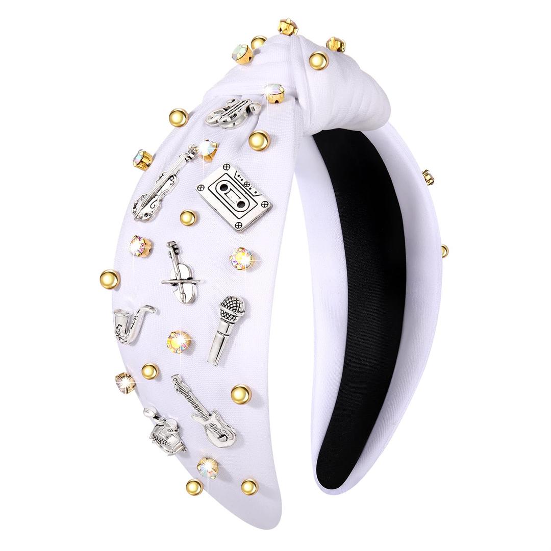 Concert Silver Guitar Violin Tape Knotted Headband for Women - Jeweled Crystal Embellished Wide Statement Hair Accessories
