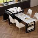 82.7"-56" Kitchen Island with Extendable Dining Table, Faux Mable Kitchen Cart with Power Outlet, Double-Sized Storage, Rolling Kitchen Table with Storage 2 Drawers 2 Side Open Shelves, Black