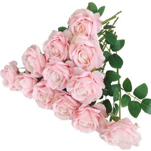 ATFL 12 Pcs Light Pink Roses Artificial Flowers, Faux Baby Pink Flowers Bulk, Floral Diameter 4'',Artificial Fake Silk Plastic Roses Flowers with Stems for Wedding, Flores Artificiales para Decoration