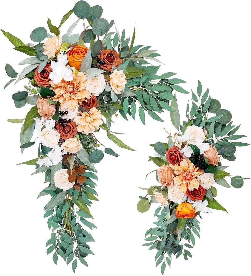 Emivery Wedding Arch Flowers Set of 2, Burnt Orange Flower Swag Fall Wedding Floral Arrangement Terracotta Flowers for Wedding Party Reception Backdrop Decoration