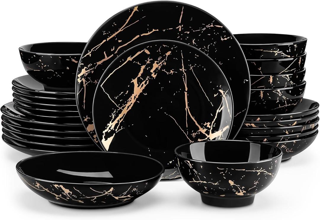 LOVECASA Plates and Bowls Sets for 6, 24 Pieces Porcelain Dinnerware Sets, Black and Gold Dish Set Gold Splash Dishware Sets, Dishwasher Microwave Safe