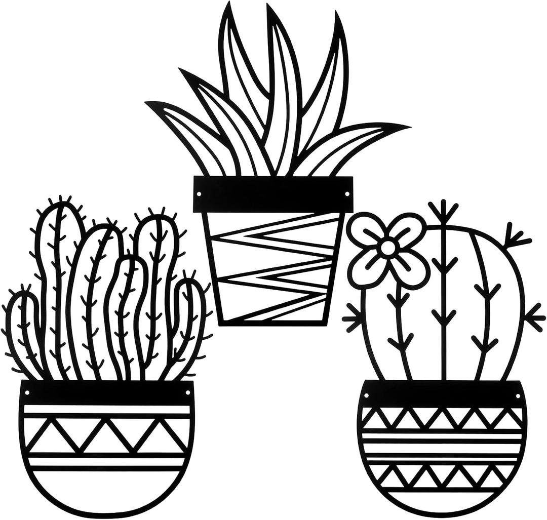 Hotop 3 Pcs Cactus Metal Wall Arts Natural Themed Plant Modern Black Metal Wall Decors for Office Home Living Room Bathroom Housewarming Decor