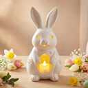 Easter Bunny Figurines 11 Inch Light up Easter Bunny Decorations White Resin Rabbit Figurines for Spring Indoor Rustic Decor Home Table Room Kitchen(Flower Style)