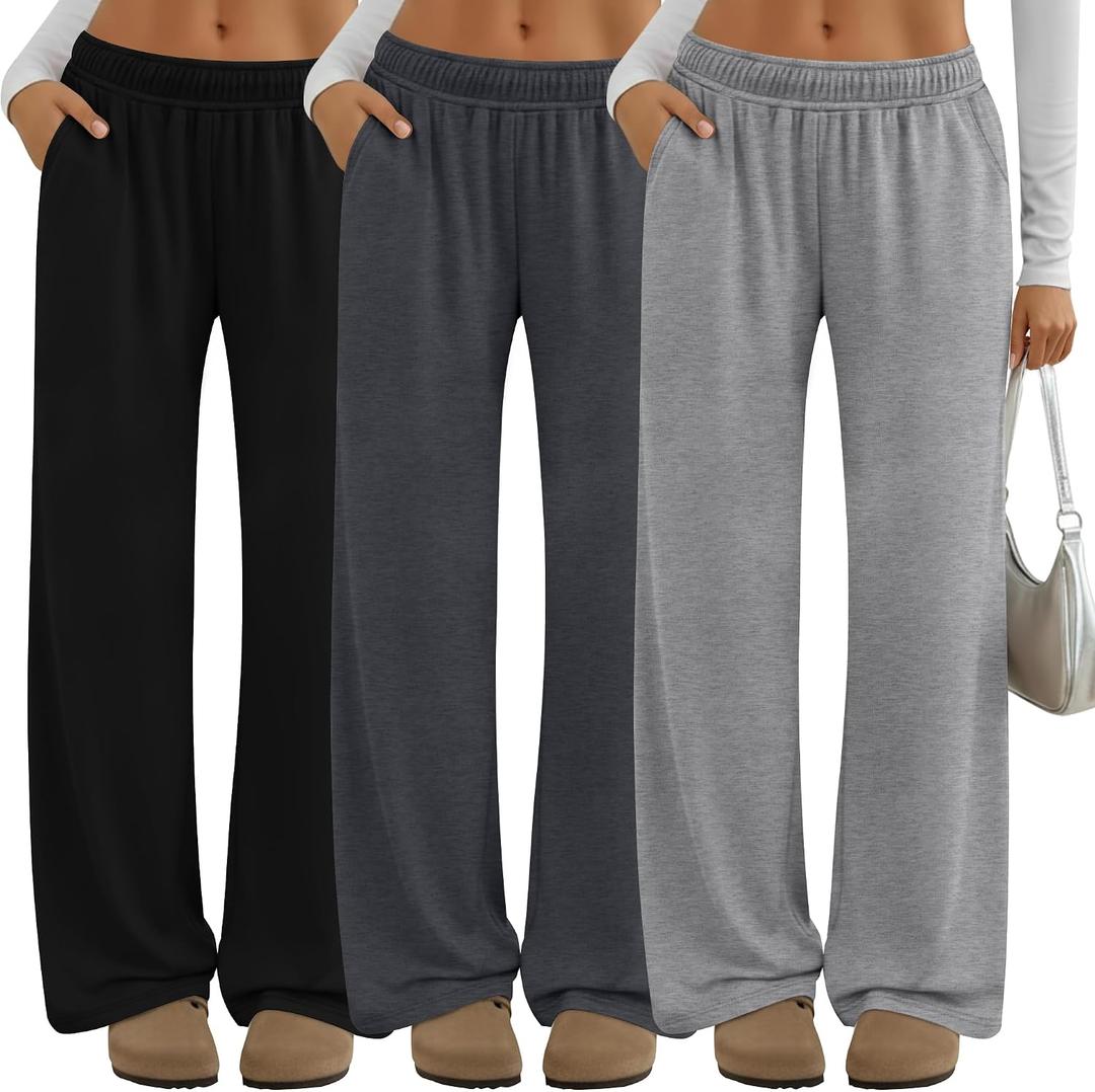 Neer 3 Pack Women's Lounge Pants Wide Leg Yoga Built in Drawstring High Waisted Casual Comfy Baggy Sweatpants with Pockets (L)