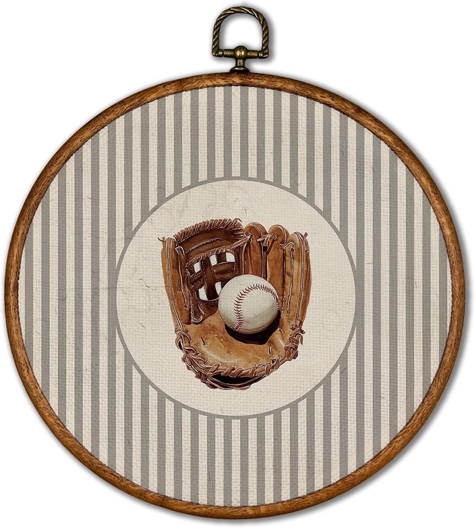 KSDUT Vintage Baseball Wall Art Decor - Retro Sports Trendy Wall Art Canvas Frame Hanging Prints, Nursery Sports Gallery Round Wall Art Decor for Boys Room Home Decorations 10"x10"