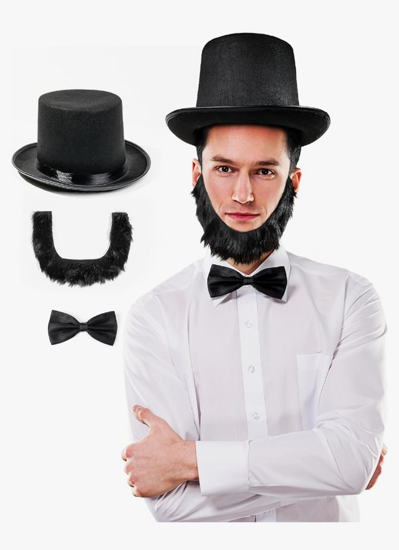 Abraham Lincoln Costume- 3 Pcs Black Top Hat Costume Set with Authentic Beard and Traditional Bowtie- Historic Presidents Day Costume for Adults - Patriotic Costume