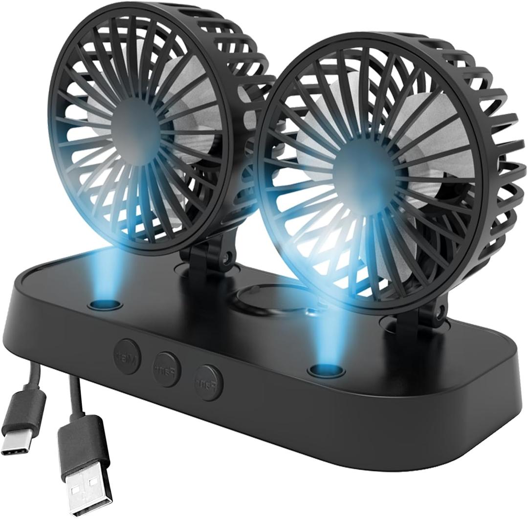 Car Fan, Portable USB Powered Dual Head Cooling Fan for Car, 360 Rotatable & 2 Speeds Adjustable & Mist Function, Powerful Air Circulation for Vehicle Truck SUV Jeep RV Boat, 12V, Medium
