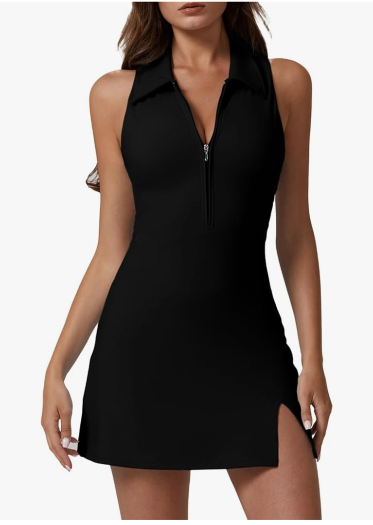 QINSEN Womens Zip Front Tennis Dress Polo Collar Racer Back Workout Golf Dresses Build in Shorts with Pockets,Small