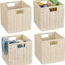 TAIMEI&G02 10.5 x 10.5 in Plastic Wicker Baskets for Cube Storage, Collapsible Square Wicker Storage Basket Set of 4, Rattan Storage Cube, Square Baskets for Shelves - lvory