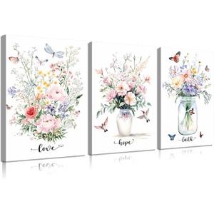 3Pcs Framed Wildflowers Canvas Wall Art Modern Christian Love Hope Faith Poster Print Bible Verses Floral Picture Flowers Butterfly Hummingbird Painting Wall Decor for Bedroom Living Room 24x16in (24L" x 16W", White)