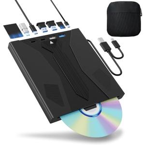 8 in 1 External Blu Ray Drive, Support 100G Disc USB 3.0 and Type-C Blu Ray Burner Portable Blu Ray DVD/CD/BD Player, 3D Optical Bluray Drive Compatible with Windows Macos for MacBook Laptop Desktop