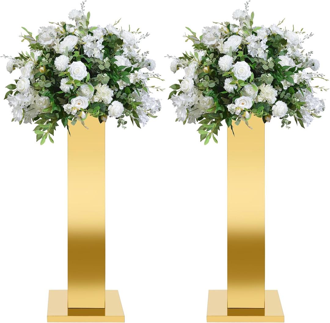 2PCS Tall Gold Vases for Centerpieces,31.5inch Stainless Steel Column Geometric Centerpieces Wedding Flower Stand Flower Floor Vase for Tables Wedding Anniversary Birthday Party Decor