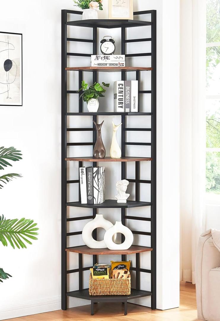 HOMISSUE Corner Shelf, 7 Tier Tall Narrow Bookshelf 82.6", Industrial Corner Bookcase with Storage for Home Office Living Room and Bedroom, Brown