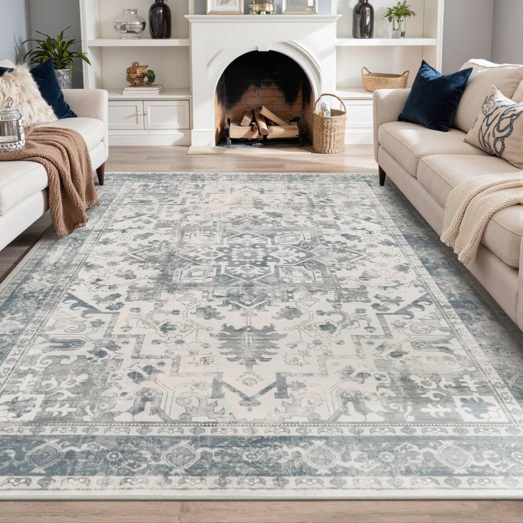6x9 Washable Area Rug for Living Room, Neutral Vintage Large Boho Rugs for Office, Dining Room, Kids Room, Farmhouse, Durable Low Pile Non Slip Carpet for High Traffic Areas, Light Blue Grey