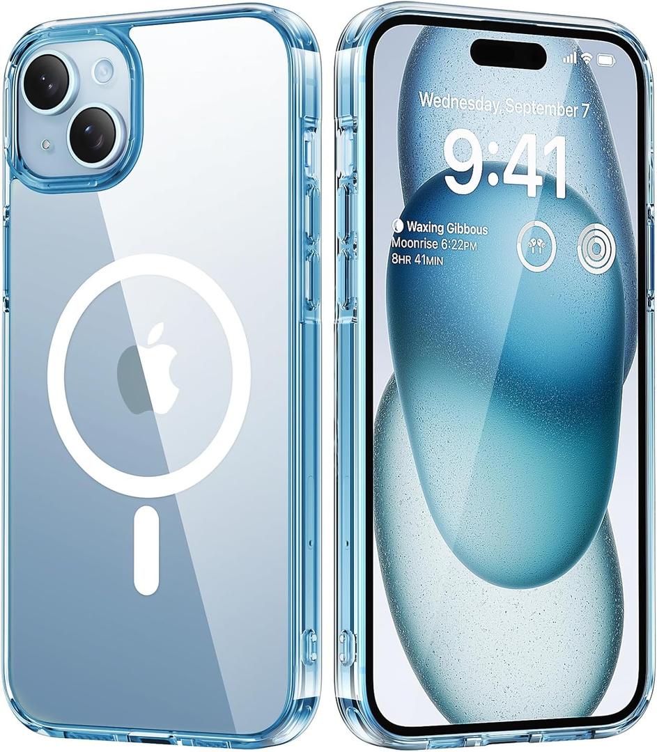 for iPhone 15 Case, Strong Magnet-Compatible with MagSafe, Shockproof Military-Grade Protection, Slim Mag Safe Thin Bumper Phone Cover 6.1 in for Apple iphone15 (Clear Blue)