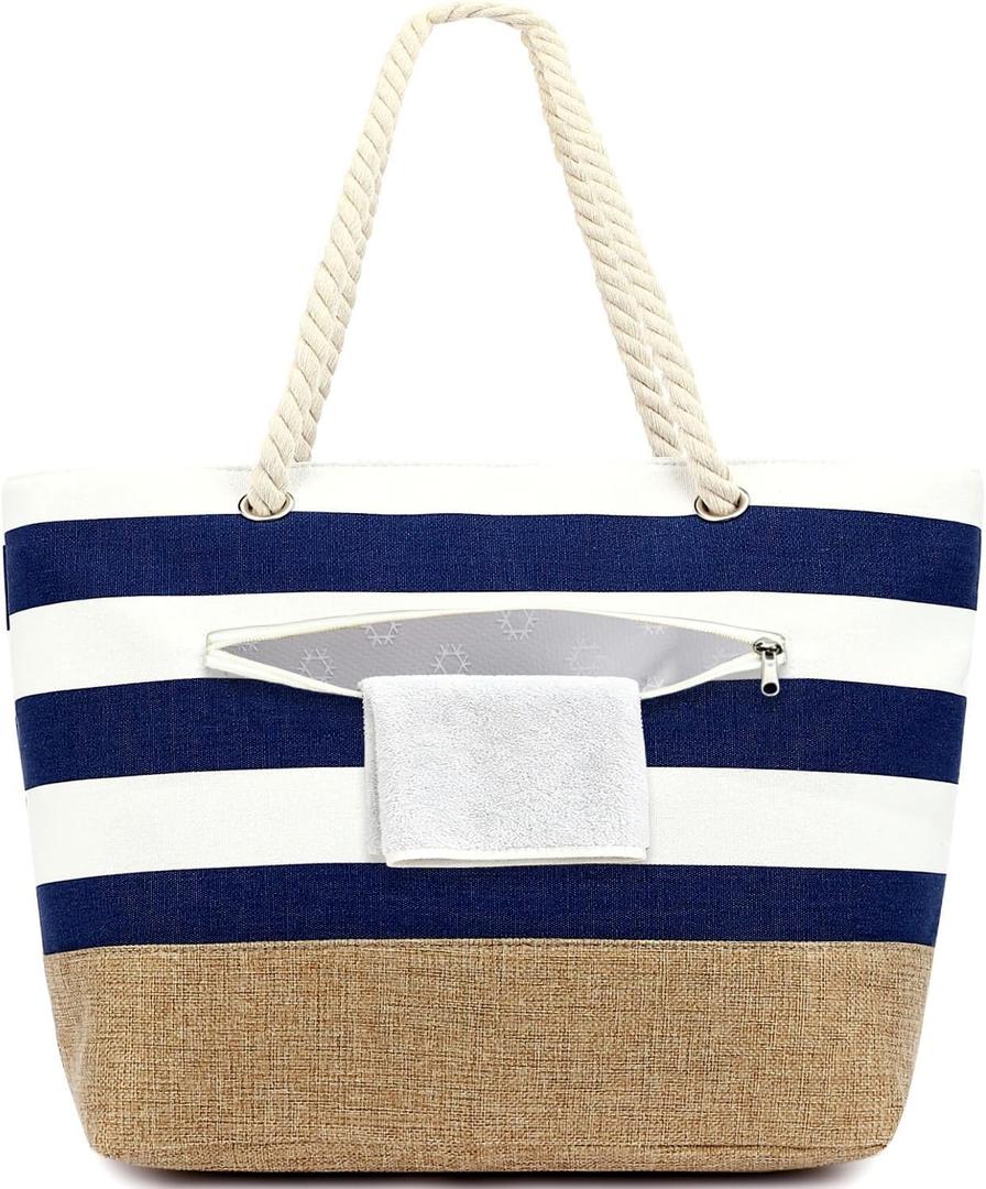 Fammart Beach Bags Waterproof Sandproof for Women, Large Canvas Pool Bag with Leakproof Wet Pocket & Zipper Cruise Essentials