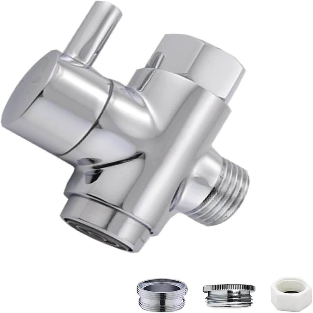 Brass Faucet Diverter Valve with Aerator, Faucet Adapter for Sink Hose Attachment, 3 Way Faucet Splitter with Male Thread Adapter, Faucet Connector for Bathroom/Kitchen(Chrome)