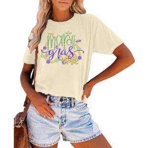 Mardi Gras Shirt for Women Fat Tuesday Shirts Carnival Themed Mardi Gras Outfit Holiday Tee Tops (Medium, Cream)