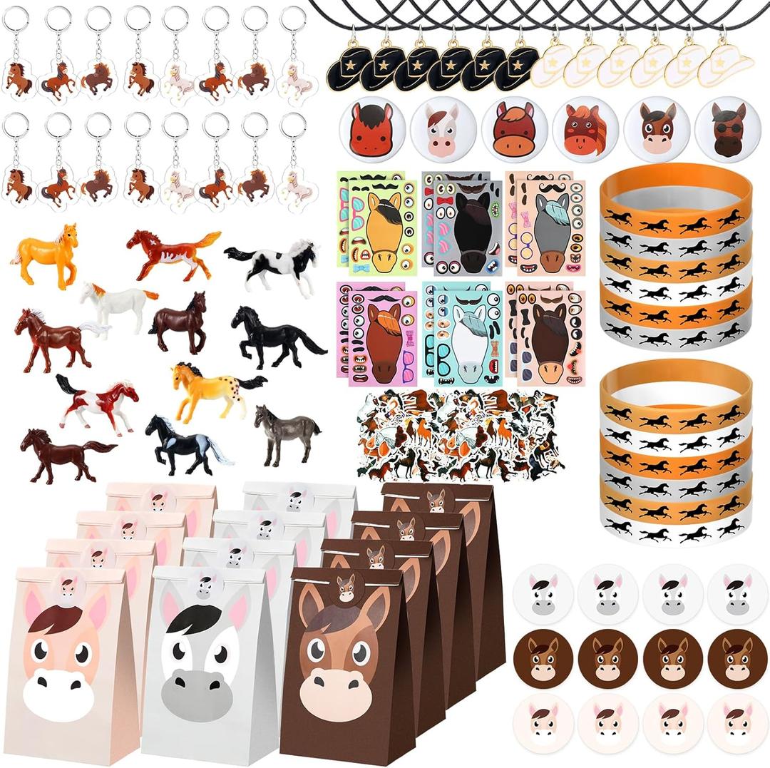 156 Pcs Horse Party Favors Cowboy Birthday Supplies Horse Favor Bags Figurine Silicone Bracelet Badges Keychain Make Your Own Cowboy Cowgirl Animals Stickers Necklaces for Birthday Party Decorations