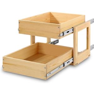 Mulush Pull Out Cabinet Organizer, 14''W21''D16''H Soft Close Slide Out Wood Drawer Shelves Storage for Kitchen, 2-Tier, Finished, Heavy-Duty, Bottom Assembly