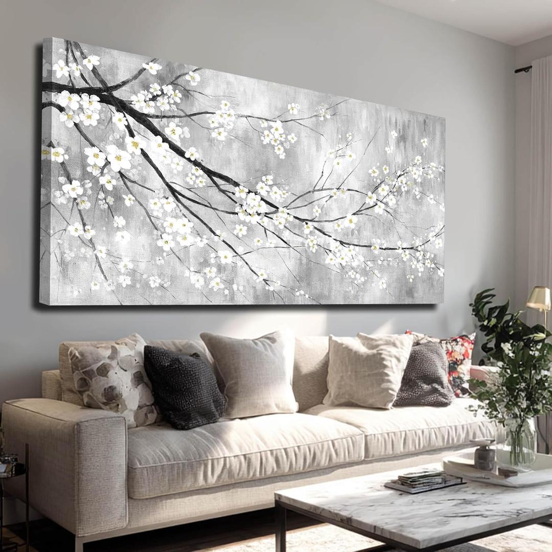 MLART99 Plum Blossom Decorative Floral Pictures Flower Prints Wall Art 24"x48" Botanical Poster for Bedroom Wall Decoration Living Room Pictures (White)