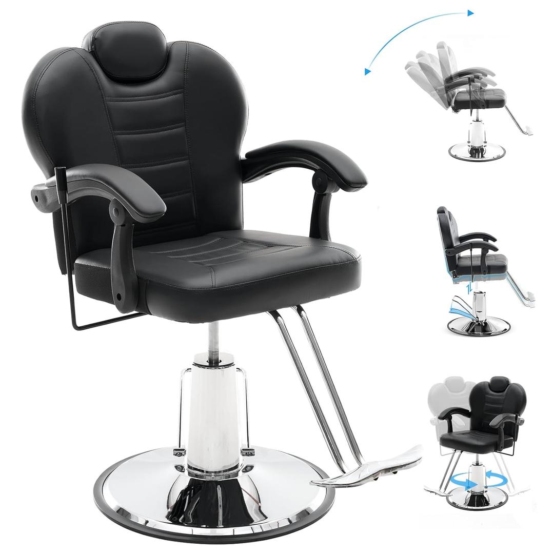 Tatub 90-135 Reclining Salon Chair for Hair Stylist, 360 Swivel Barber Chair with Heavy Duty Hydraulic Pump, Adjustable Hair Chair for Barbershop, Home (Black)