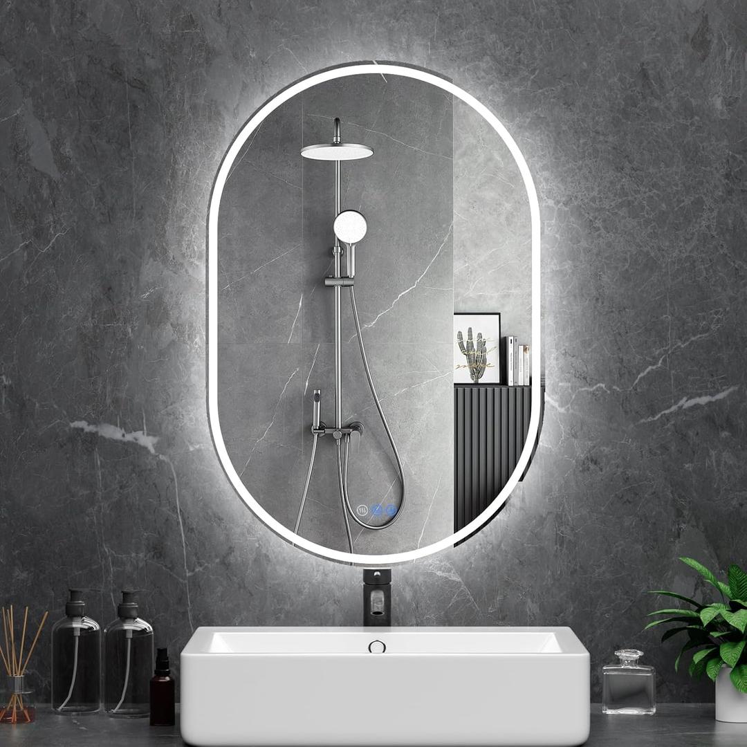 Oval LED Bathroom Mirror, 26"x 42" Frameless LED Mirror with Front Light and Backlit, Anti-Fog, Dimmable Modern Wall Mounted Lighted Mirror, Pill-Shaped Smart Mirror Bathroom