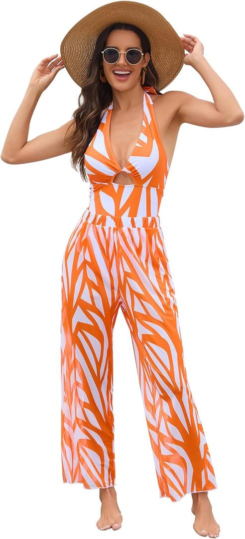 Women's One Piece Halter Swimsuits with Matching Beach Cover up mesh Wide Leg Pants, Size 2XL