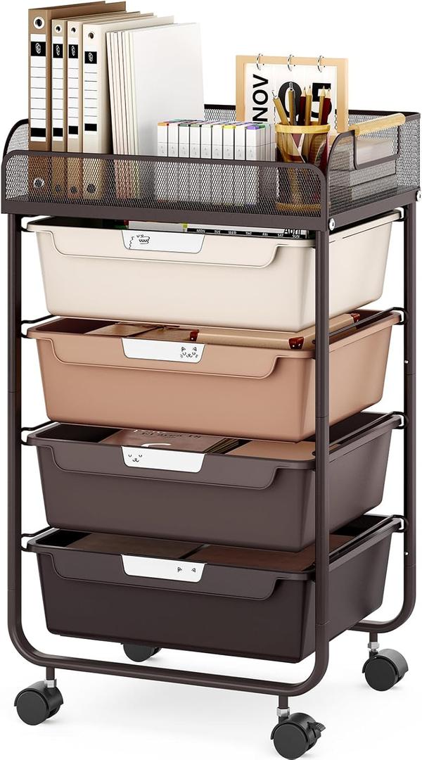 SYKIARIOL Rolling Cart with 4 Drawers,4 Tiers Rolling Utility Cart Craft Cart,Rolling Storage Drawer Cart with Mesh Top,Storage Cart with Drawers & 4 PCS DIY Lable, Brown