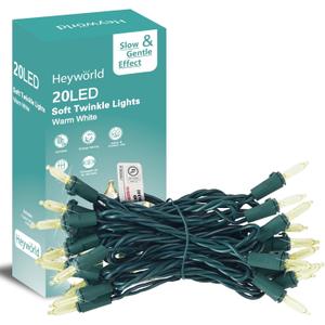 Heyworld Slow Twinkle Lights,20 Led Soft Twinkling Mini Christmas String Lights on Green Wire Cord, UL Approved 7 Ft,Connect Up to 100 Sets, Indoor Outdoor Use, Warm White (Pack of 2)
