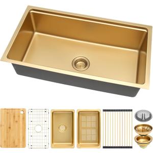 MILOSEN 32 Inch Gold Undermount Kitchen Sink, 32" x 18" Gold Stainless Steel Sinks, Single Bowl Workstation Sink with Custom Accessories, Modern Under Counter Design, 9'' Large and Deep Kitchen Sinks