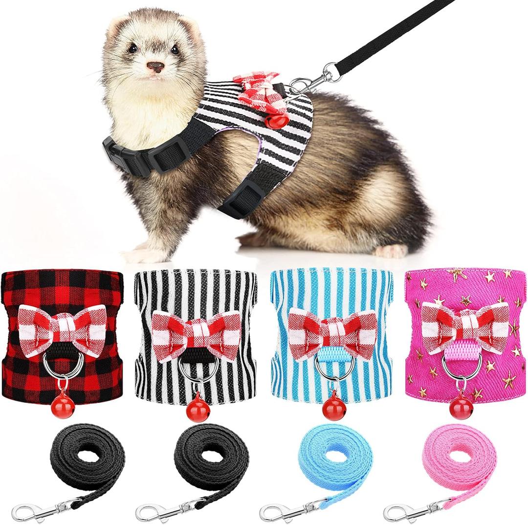 4 Pieces Ferret Harness and Leash Set Ferret Leash Small Pet with Cute Bowknot and Safe Bell Decor Chest Strap Harness for Outdoor Walking Rabbit Guinea Pig Bunny Hamster Puppy Kitten(Small)