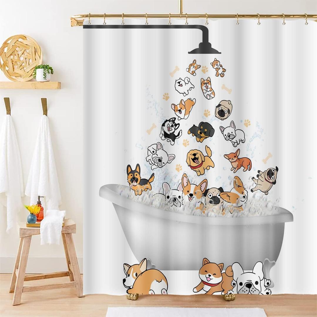 Cute Raining Dogs Shower Curtain,Funny Dog Cartoon Corgi Kids Shower Curtains Hilarious Cute Animal Pets Playing Water Design Paw Pattern Children Bath Curtain Waterproof Fabric with Hooks,60''x72''